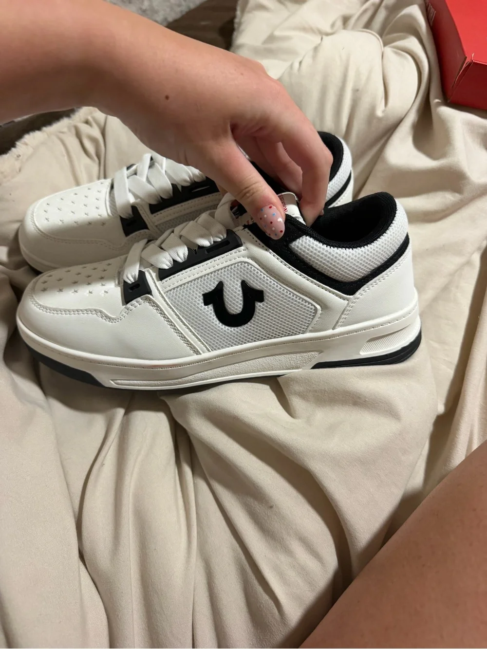 True Religion White and Black Star-Perforated Lace-Up Sneakers